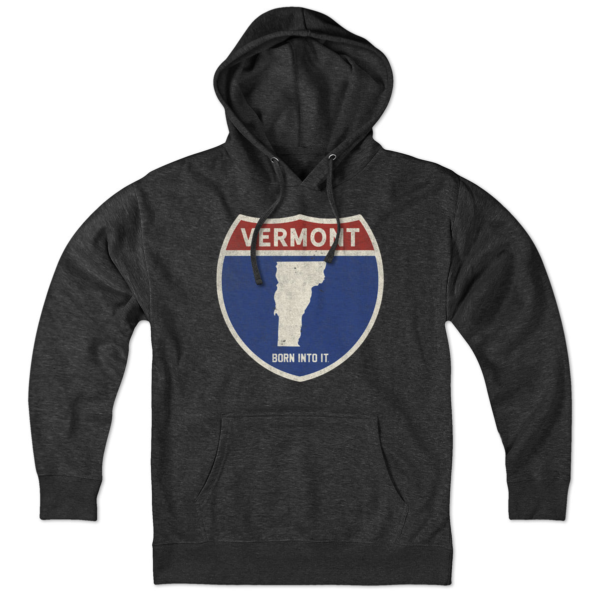Born Into It Vermont Interstate Sign hoodie sweatshirt featuring a printed interstate map design on soft fabric.