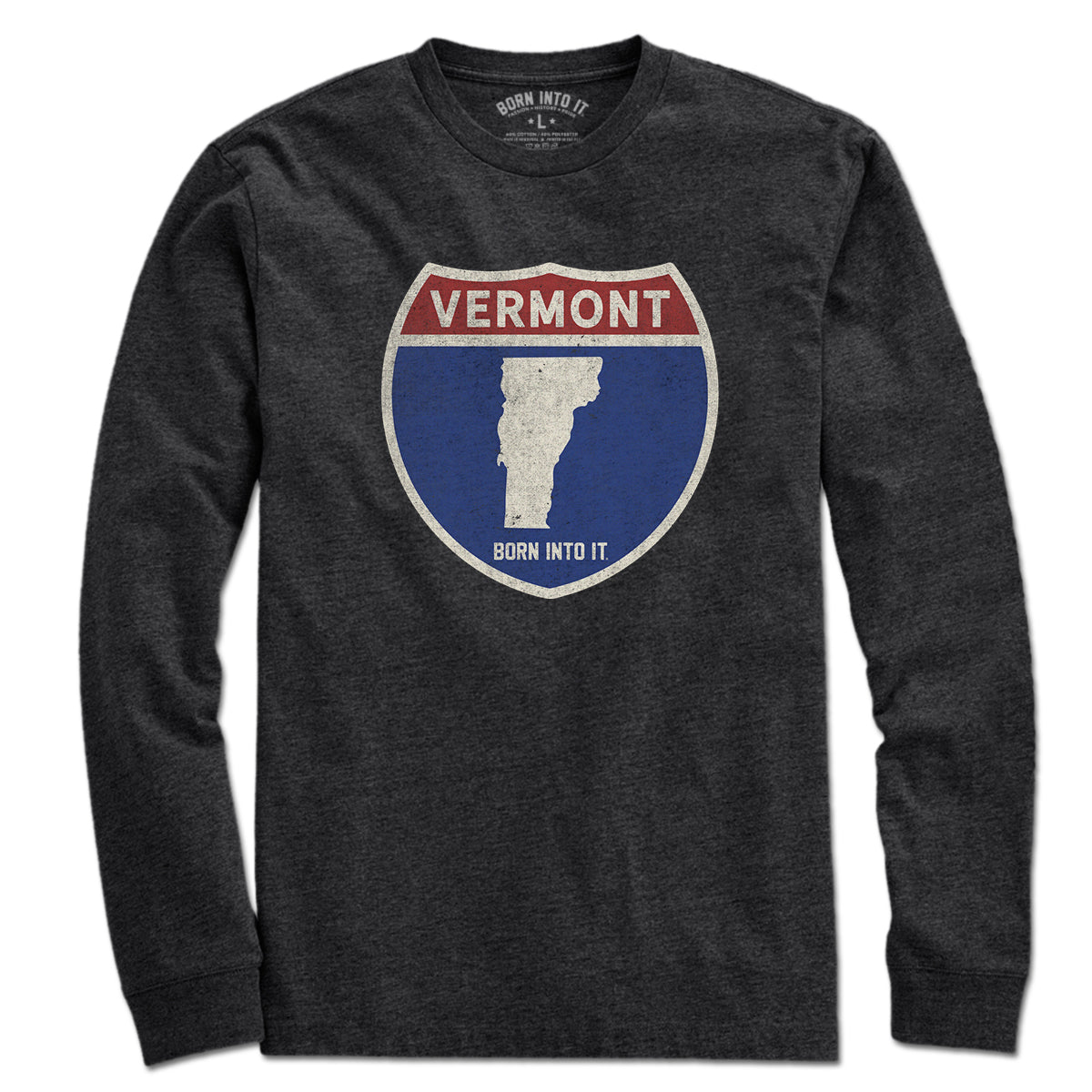 Born Into It Vermont Interstate Sign T-Shirt featuring a highway sign graphic on a comfortable cotton tee.