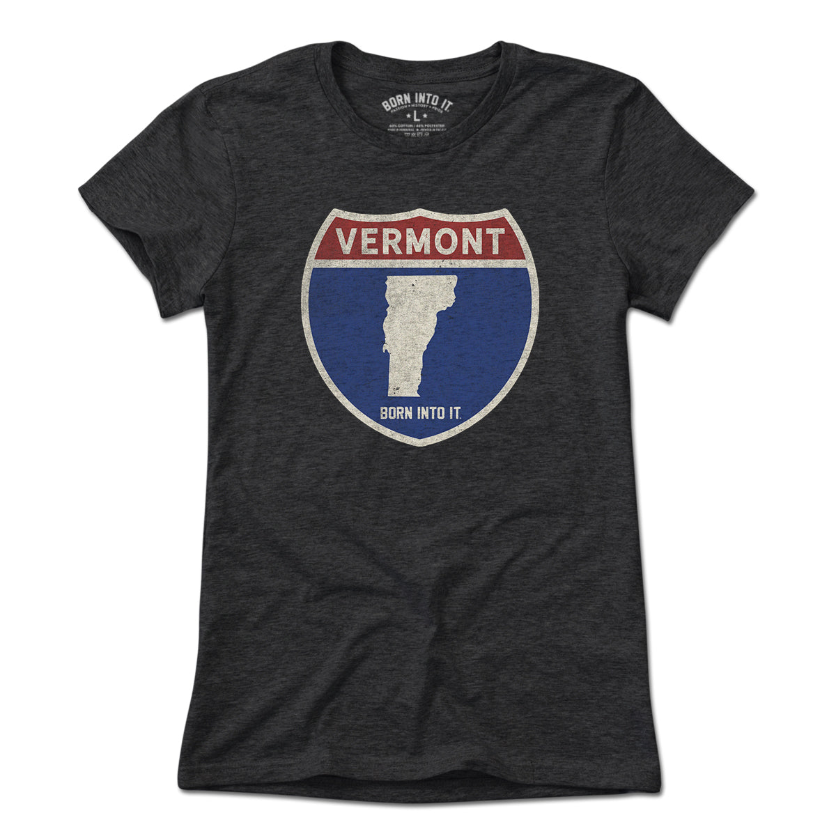 Born Into It Vermont Interstate Sign T-Shirt, light-colored cotton tee featuring a vintage interstate highway graphic.