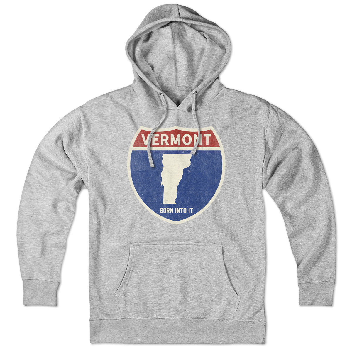 Born Into It Vermont Interstate Sign Hoodie sweatshirt in gray with highway sign graphic, casual streetwear style.