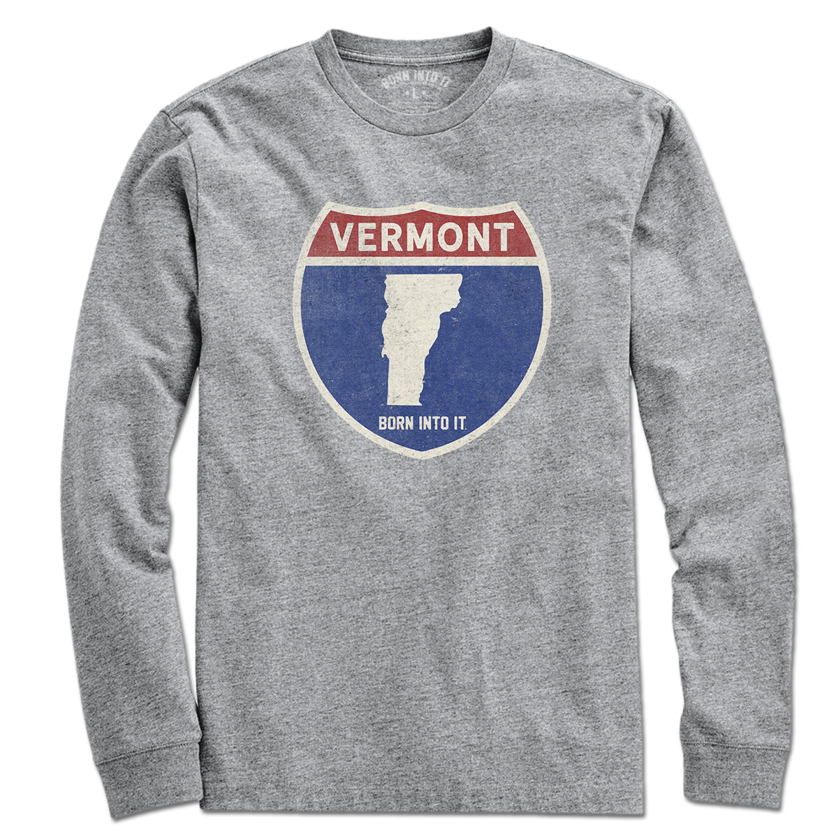 Born Into It Vermont Interstate Sign T-Shirt in gray, featuring a detailed interstate highway graphic on the front.