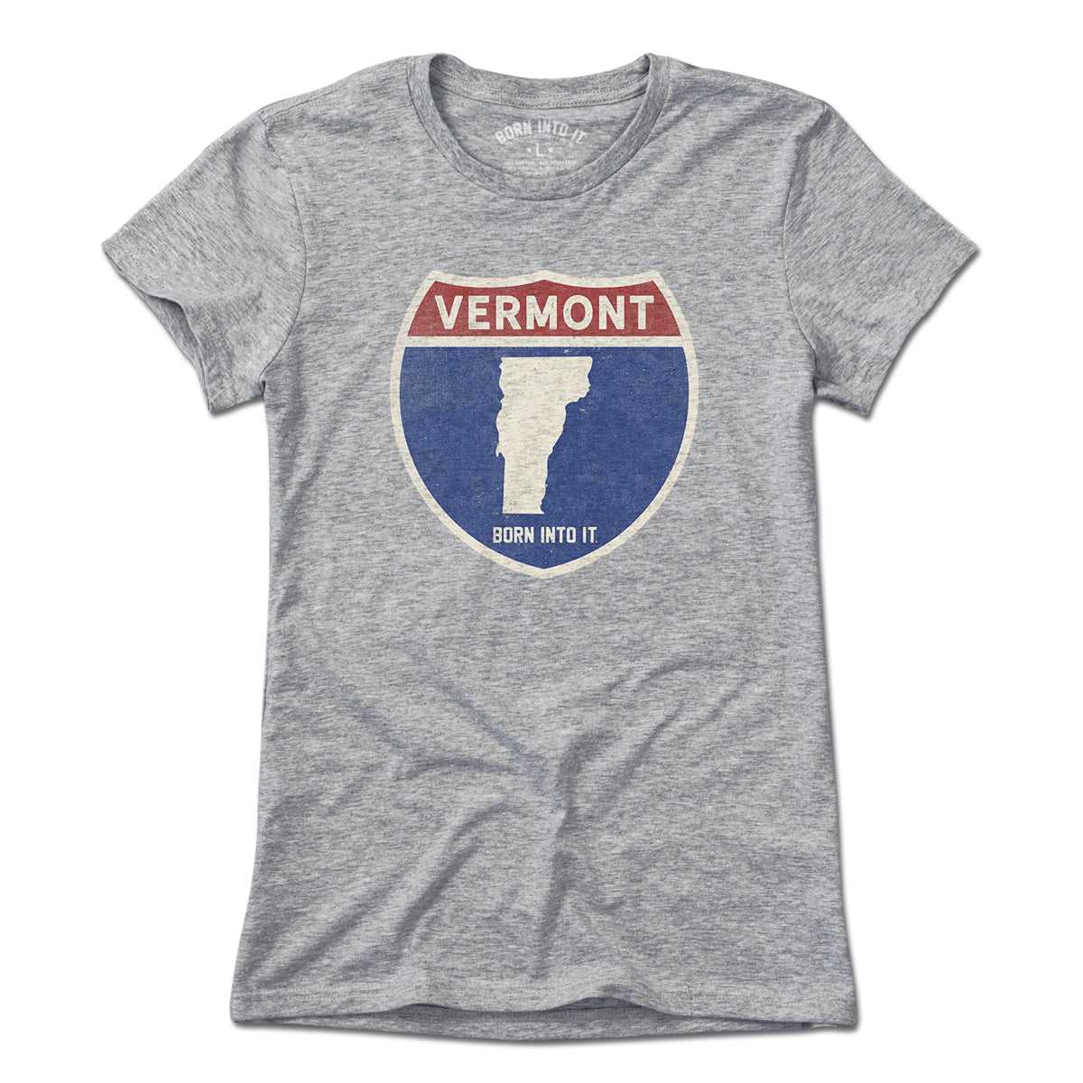 Born Into It Vermont Interstate Sign T-Shirt in gray, featuring a vintage highway sign graphic on a casual cotton tee.