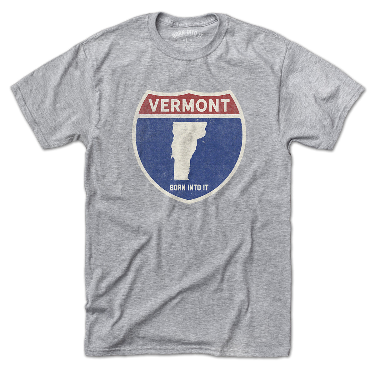 Born Into It Vermont Interstate Sign T-Shirt in gray, featuring a vintage interstate graphic on a casual cotton t-shirt.