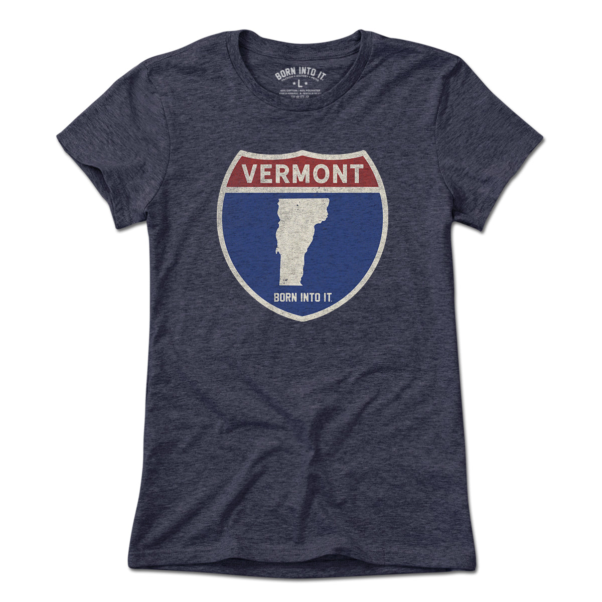 Born Into It Vermont Interstate Sign T-Shirt featuring a highway sign graphic on a light-colored fabric.