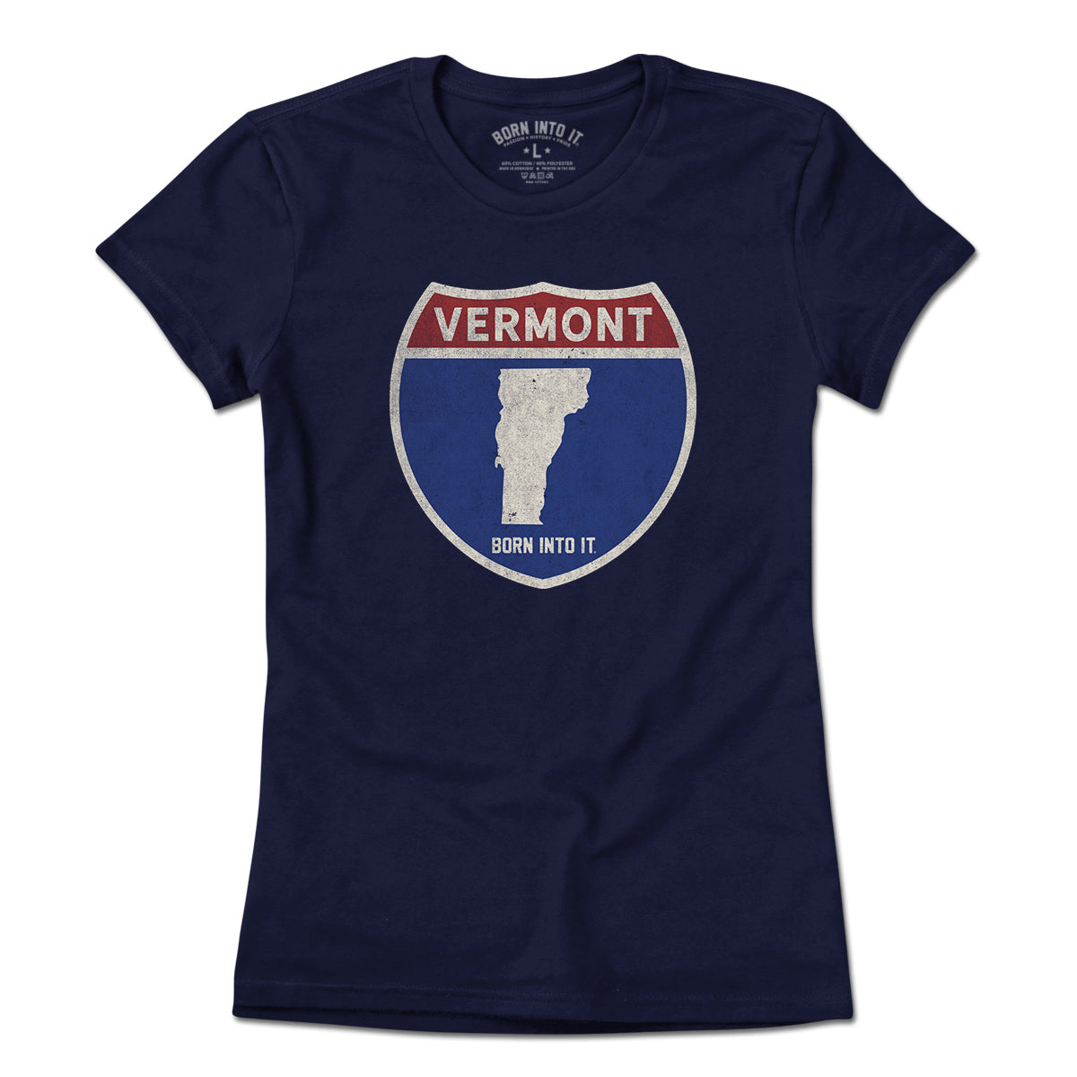 Born Into It Vermont Interstate Sign T-Shirt featuring a printed Vermont highway sign on a light-colored T-shirt.