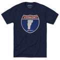 Born Into It Vermont Interstate Sign T-Shirt featuring a colorful interstate map design on a casual T-shirt.