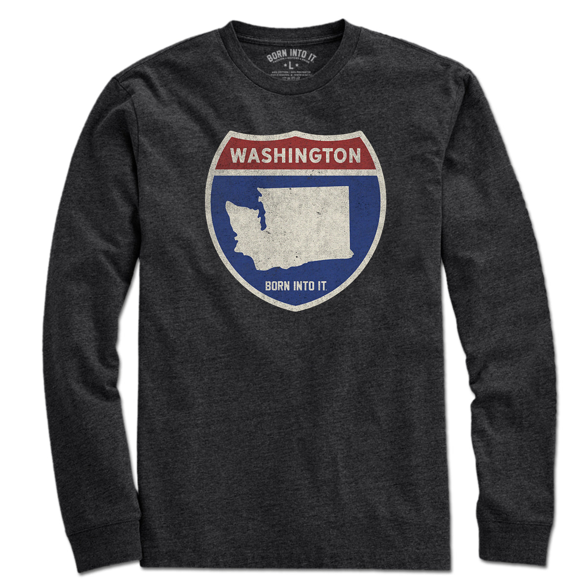 Born Into It Washington Interstate Sign T-Shirt featuring a graphic of a highway interstate sign on a casual tee.
