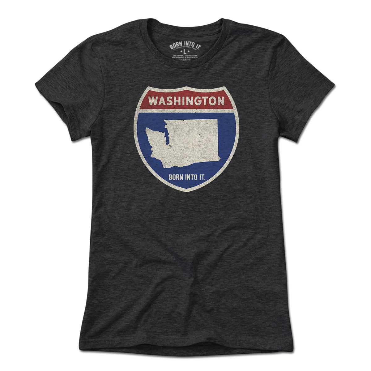 Born Into It Washington Interstate Sign T-Shirt, light-colored flat lay showing graphic tee with interstate highway design and branding.