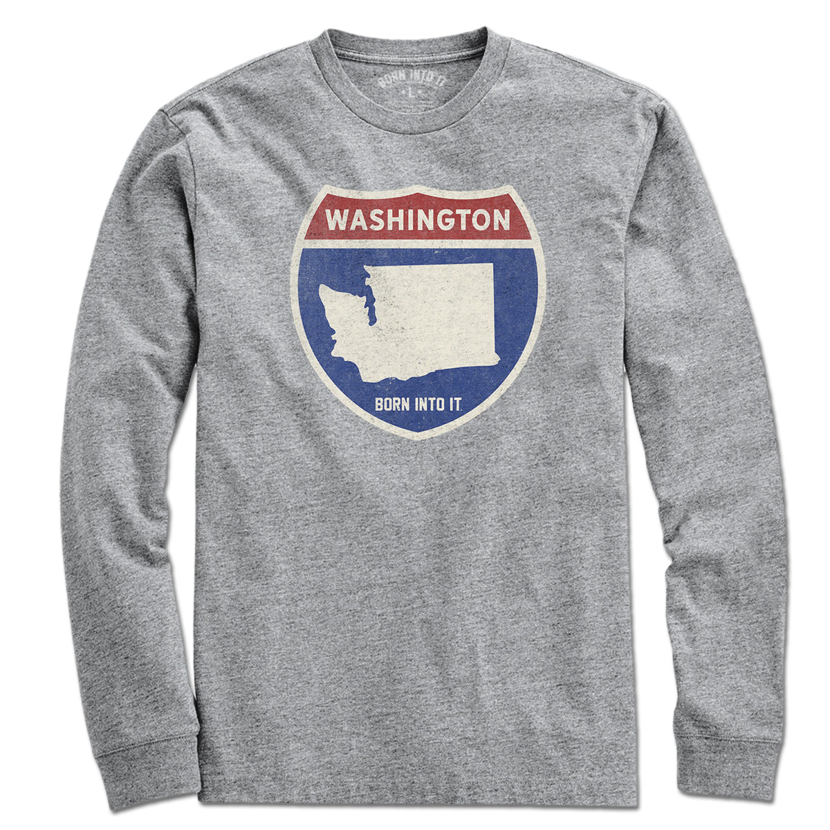 Born Into It Washington Interstate Sign T-Shirt in gray featuring interstate highway graphics on a flat-lay image.