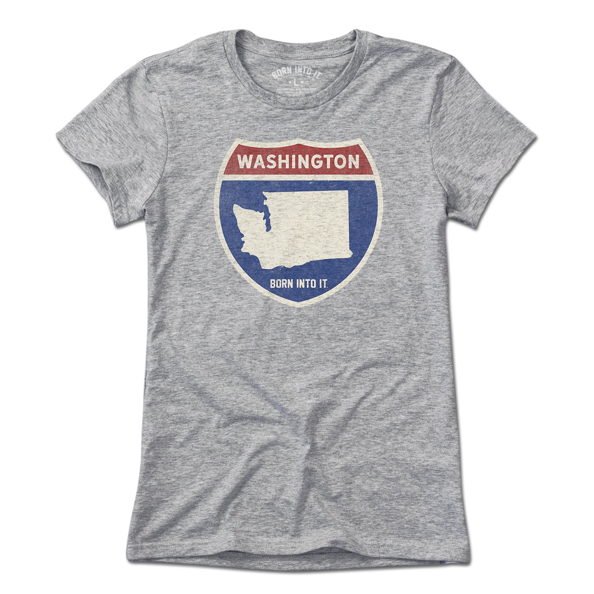 Born Into It Washington Interstate Sign T-Shirt in gray, featuring a graphic of a highway interstate sign on the front.