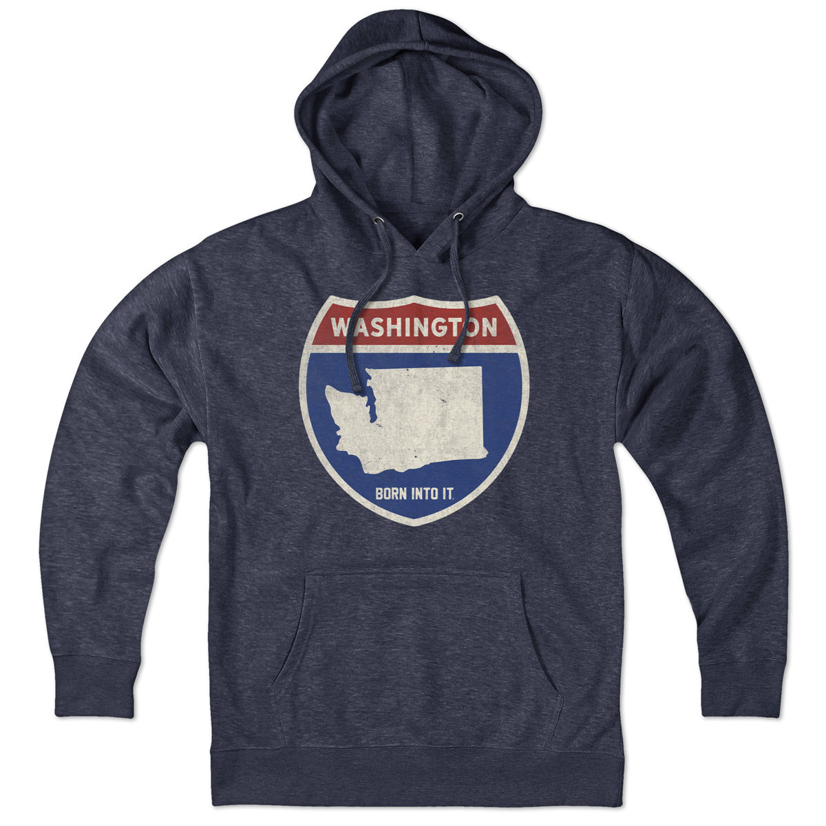 Born Into It Washington Interstate Sign hoodie sweatshirt with front graphic and comfortable fit, casual streetwear style.
