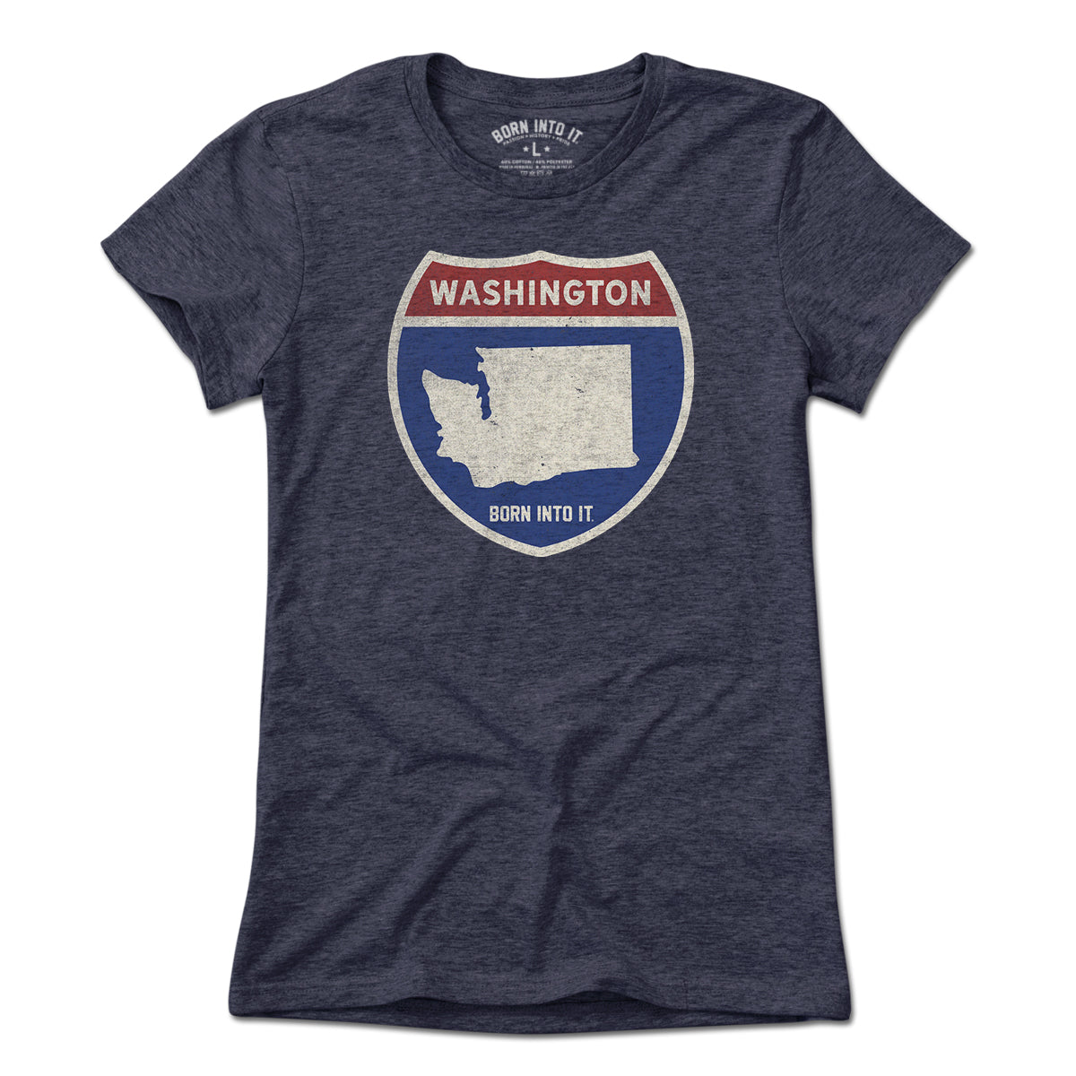 Born Into It Washington Interstate Sign T-Shirt featuring a highway sign design on a light-colored fabric.