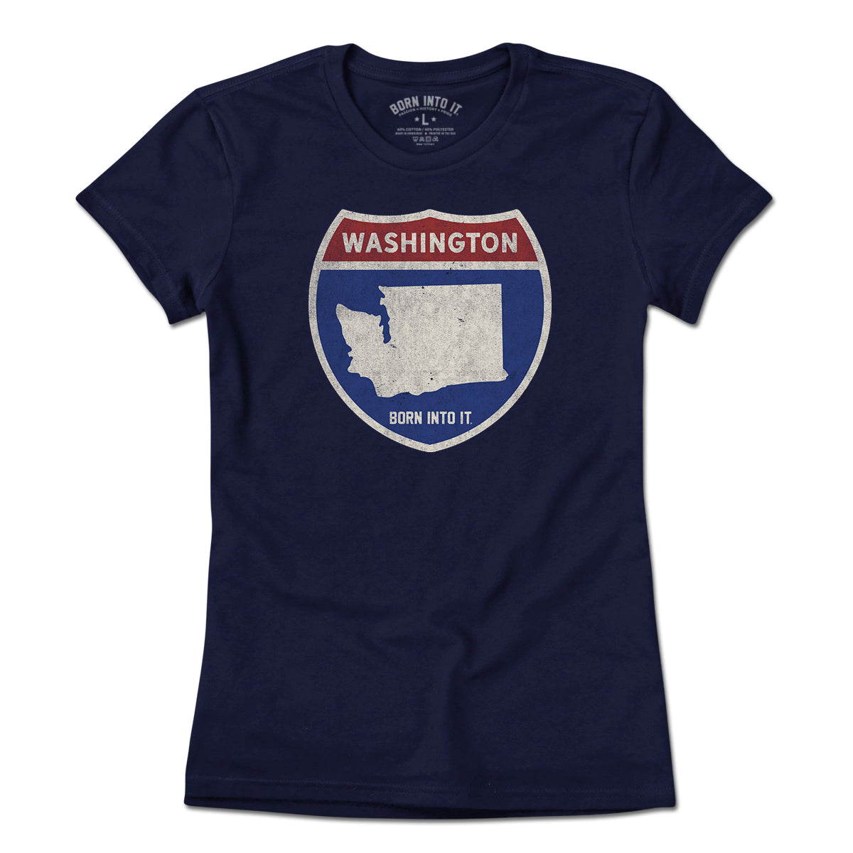 Born Into It Washington Interstate Sign T-Shirt featuring a classic interstate highway design on a comfortable cotton tee.