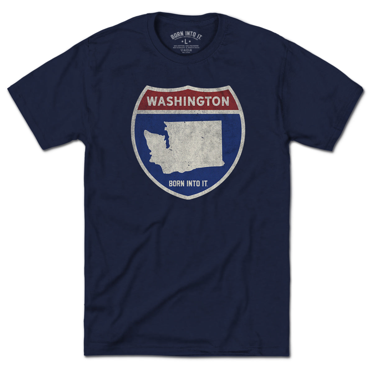 Born Into It Washington Interstate Sign T-Shirt featuring a map design with interstate route numbers on a flat-front view.