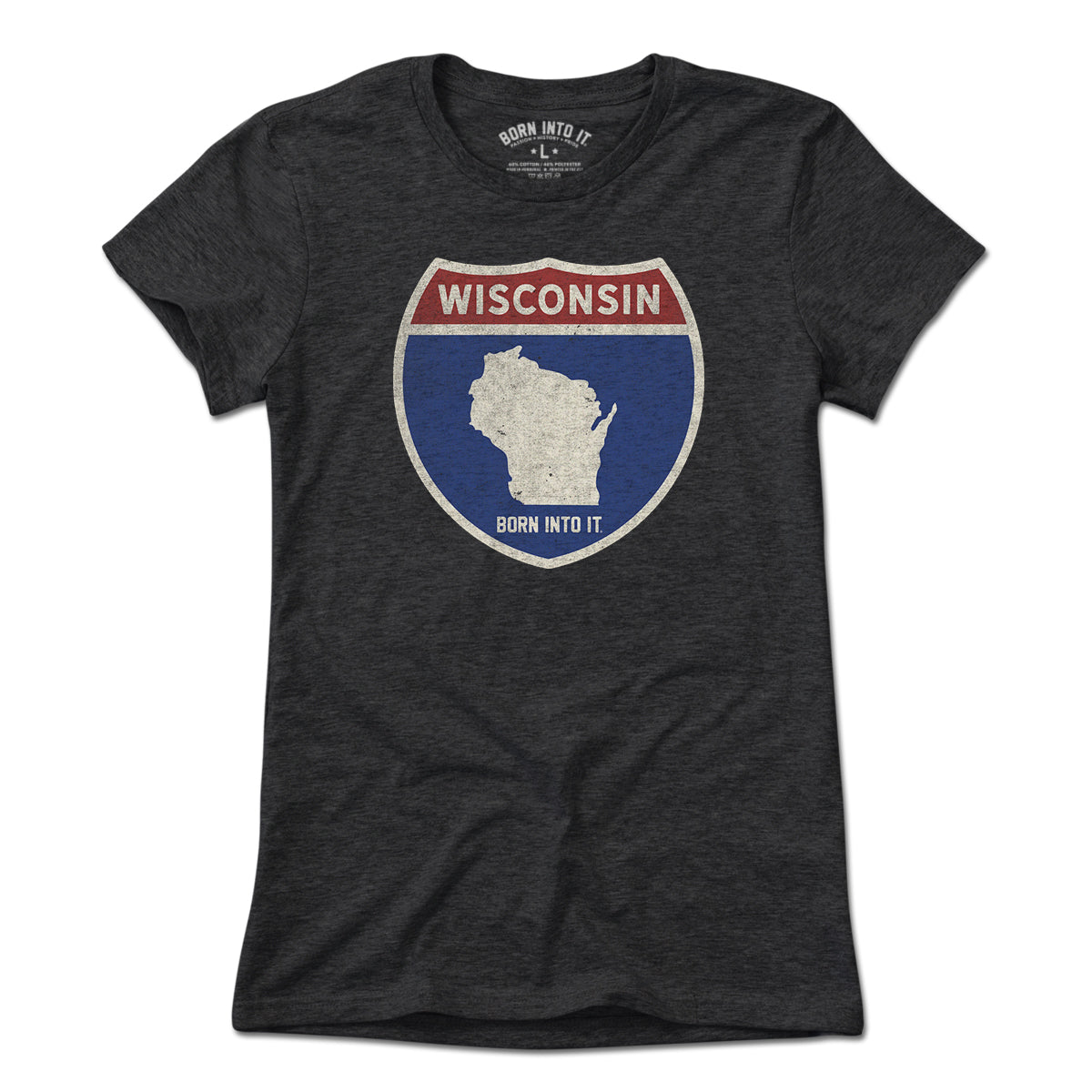 Light blue Wisconsin Interstate Sign T-Shirt by Born Into It featuring a highway sign graphic on soft fabric.