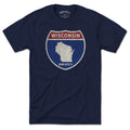 Born Into It Wisconsin Interstate Sign T-Shirt featuring colorful highway signs on a flat white background.