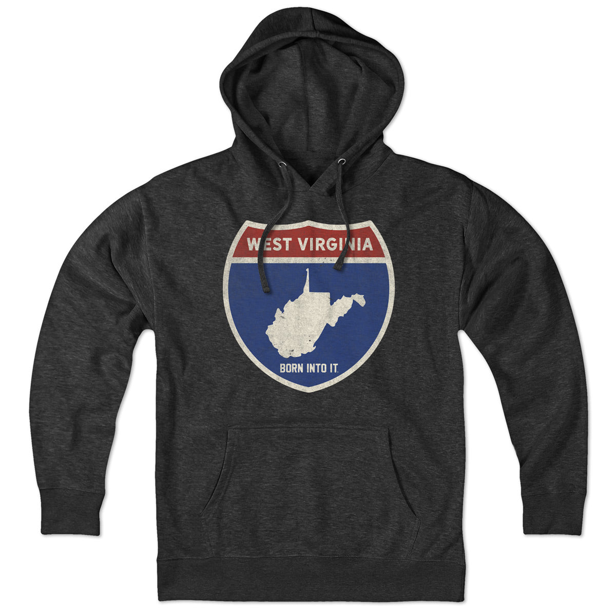 Born Into It West Virginia Interstate Sign Hoodie sweatshirt with graphic design, showcasing state highway sign and casual style.