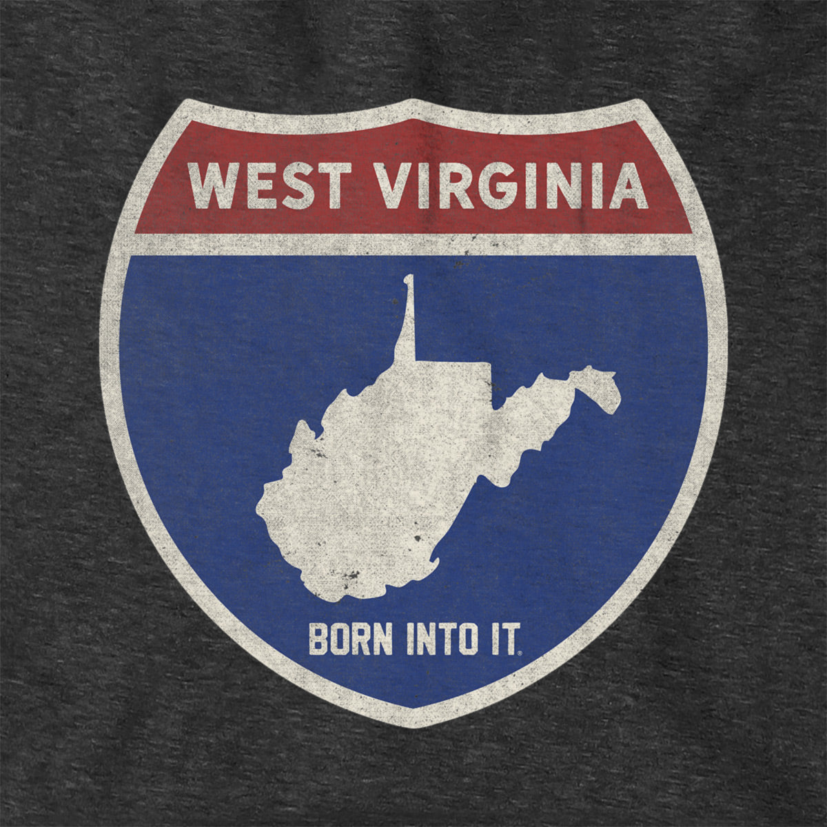 Born Into It West Virginia Interstate Sign hoodie, comfortable sweatshirt featuring iconic highway design and state emblem.