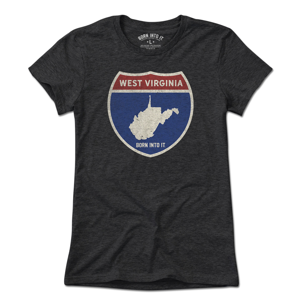 Light blue West Virginia Interstate Sign T-Shirt by Born Into It featuring a graphic of a highway interstate sign on the front.