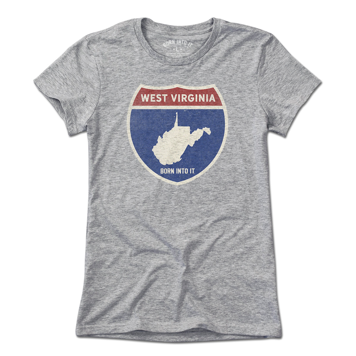 Born Into It West Virginia Interstate Sign T-Shirt in gray, featuring a graphic of the WV interstate route on soft cotton fabric.