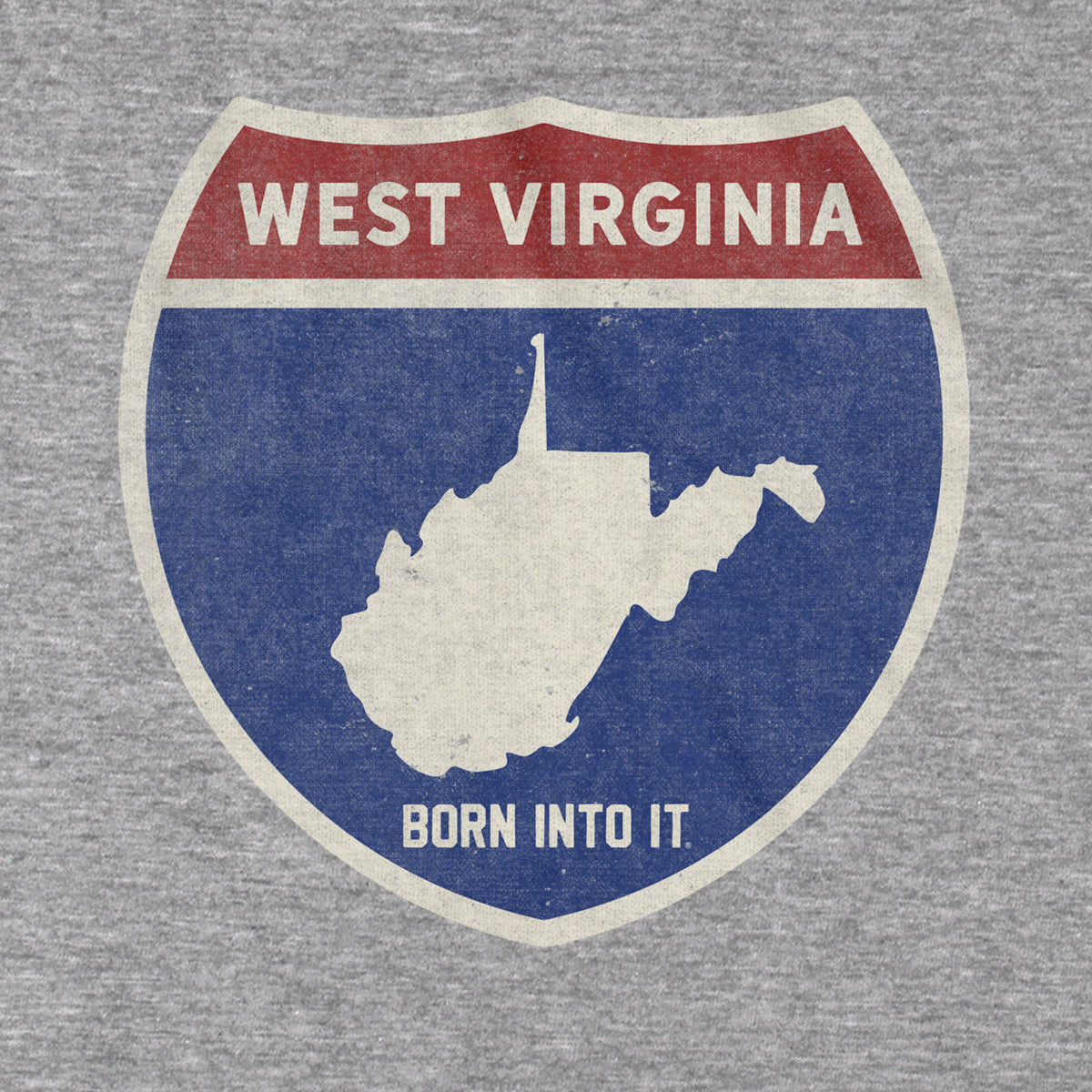 Grey West Virginia Interstate Sign T-Shirt by Born Into It featuring a highway sign graphic on the front.