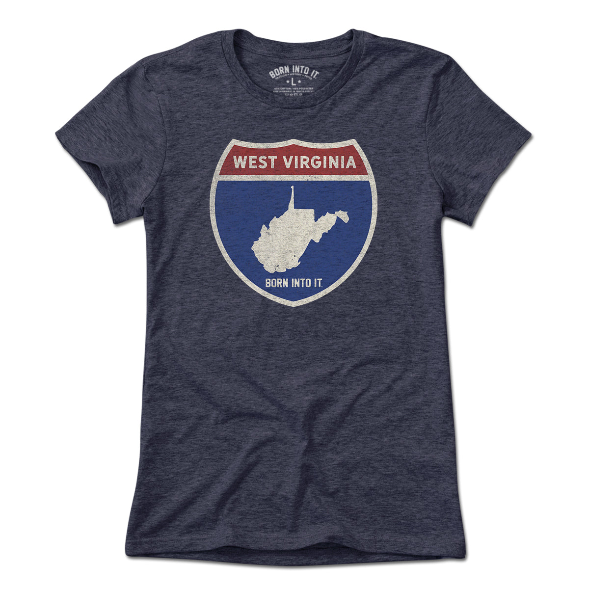Born Into It West Virginia Interstate Sign T-Shirt displayed flat, featuring a vintage-inspired interstate highway design.