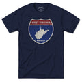 Born Into It West Virginia Interstate Sign T-Shirt featuring a graphic of highway signs for West Virginia, New York, and Utah.