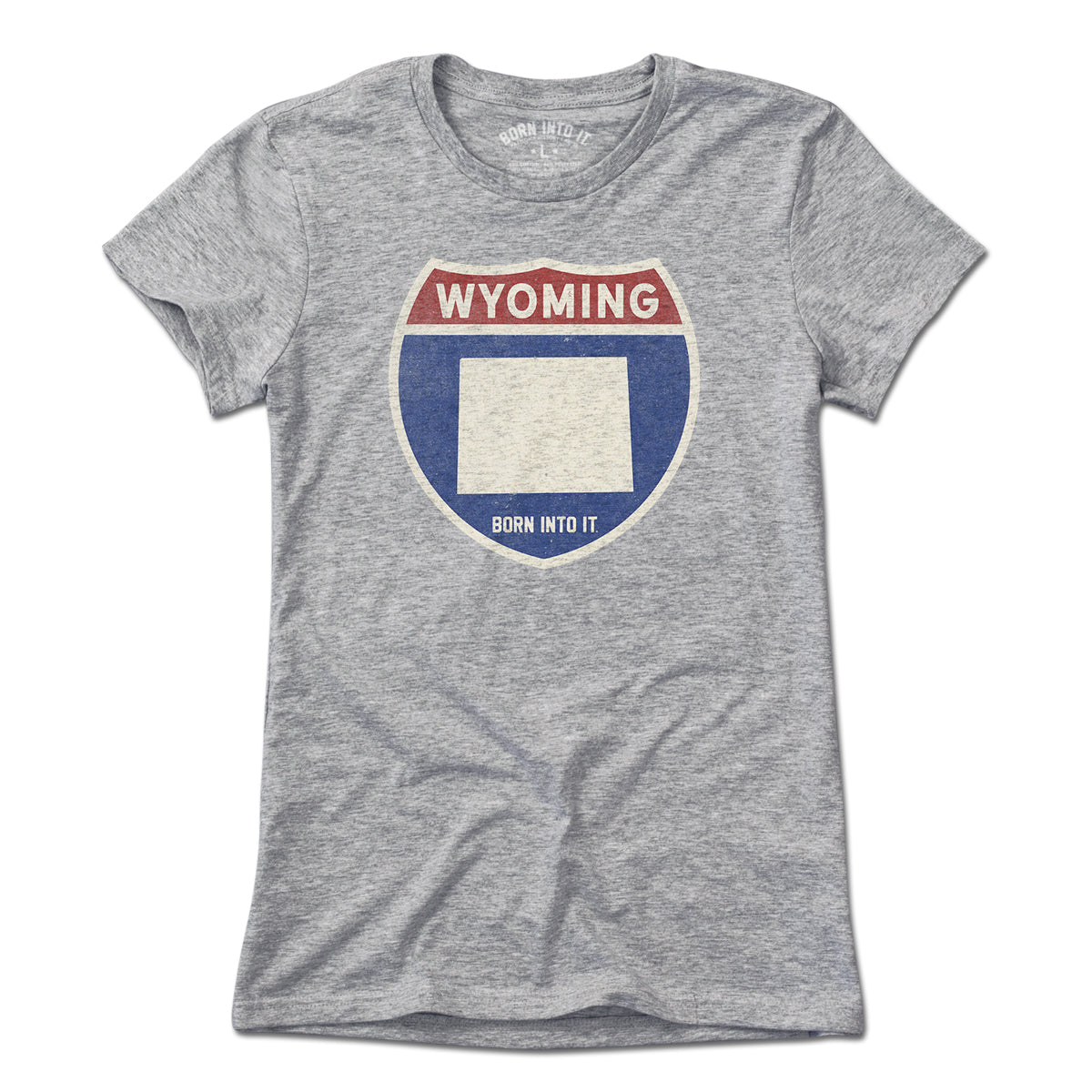 Light gray Wyoming Interstate Sign T-Shirt by Born Into It featuring a vintage highway sign graphic on the front.