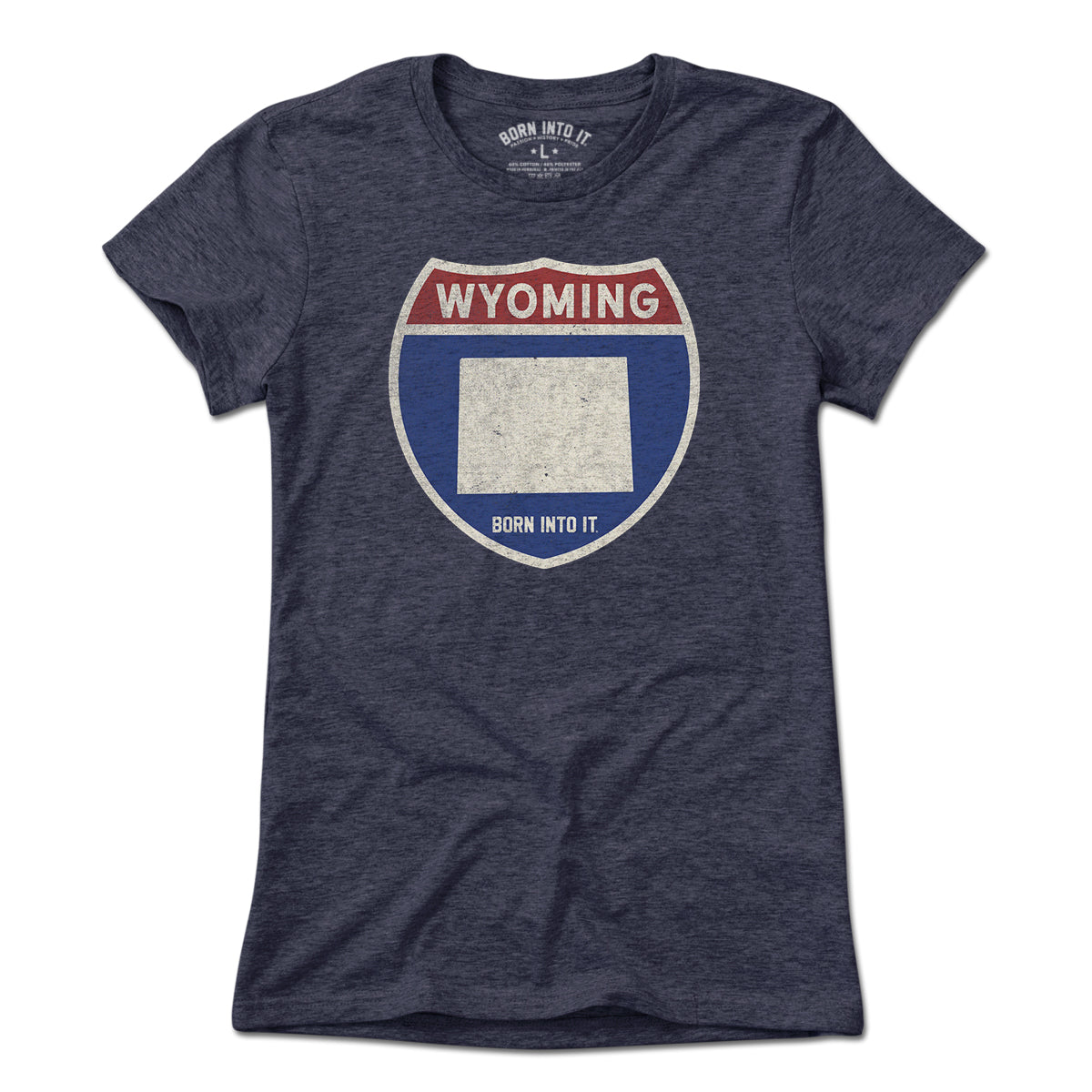 Born Into It Wyoming Interstate Sign T-Shirt featuring a vintage highway sign design on a light-colored fabric.