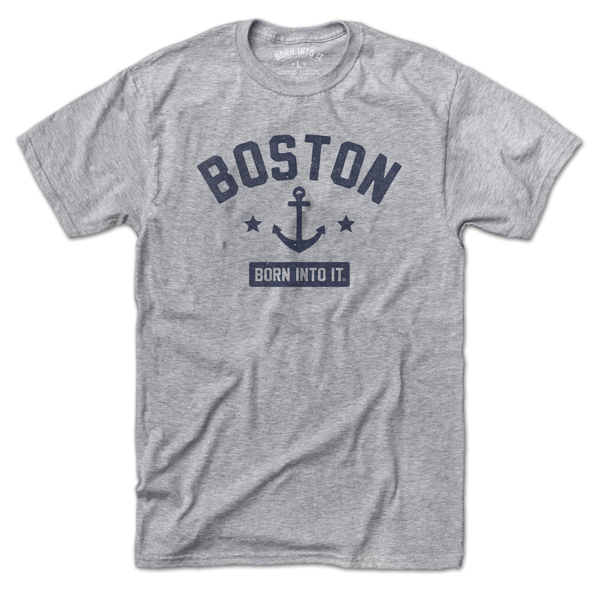 Born Into It Boston Anchor Keystone Arch T-shirt in gray, featuring a detailed nautical anchor and arch design on the front.