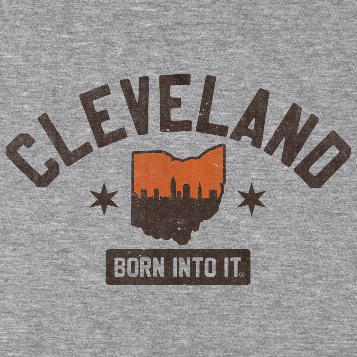 Born Into It Cleveland Orange Sky Keystone Arch T-shirt showing the graphic design on the front in a close-up view