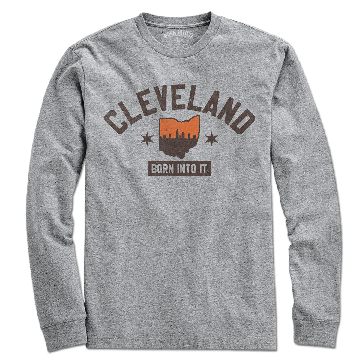 Born Into It Cleveland Orange Sky Keystone Arch T-shirt, long sleeve design in gray fabric with printed graphic on front.