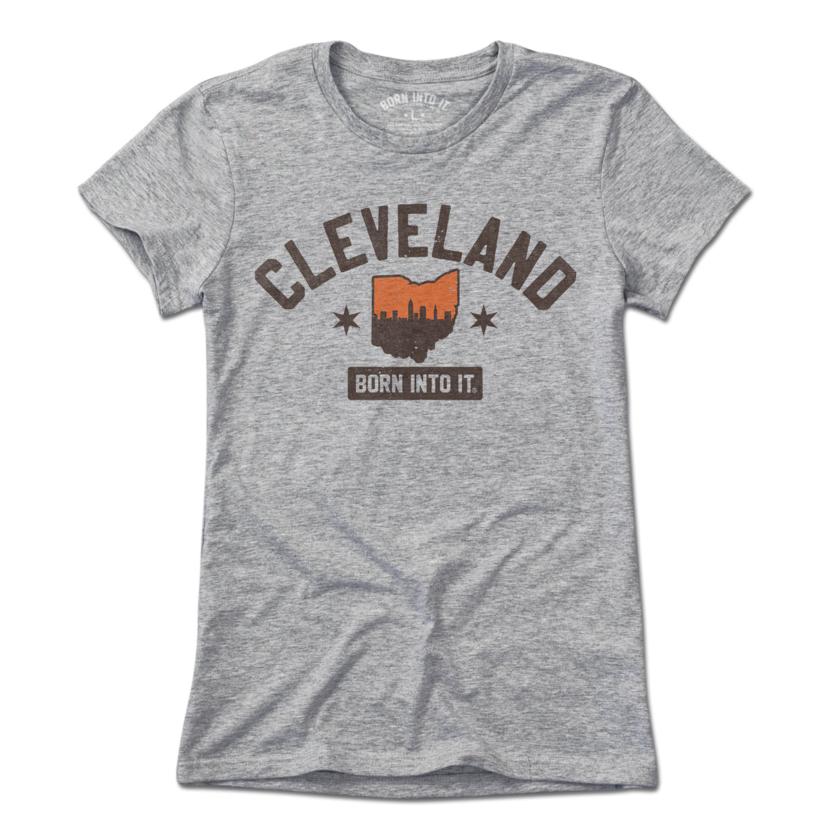 Born Into It Cleveland Orange Sky Keystone Arch T-shirt, light gray, casual fit with graphic design on front.