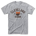 Born Into It Cleveland Orange Sky Keystone Arch T-shirt featuring a colorful graphic design on a gray fabric background.