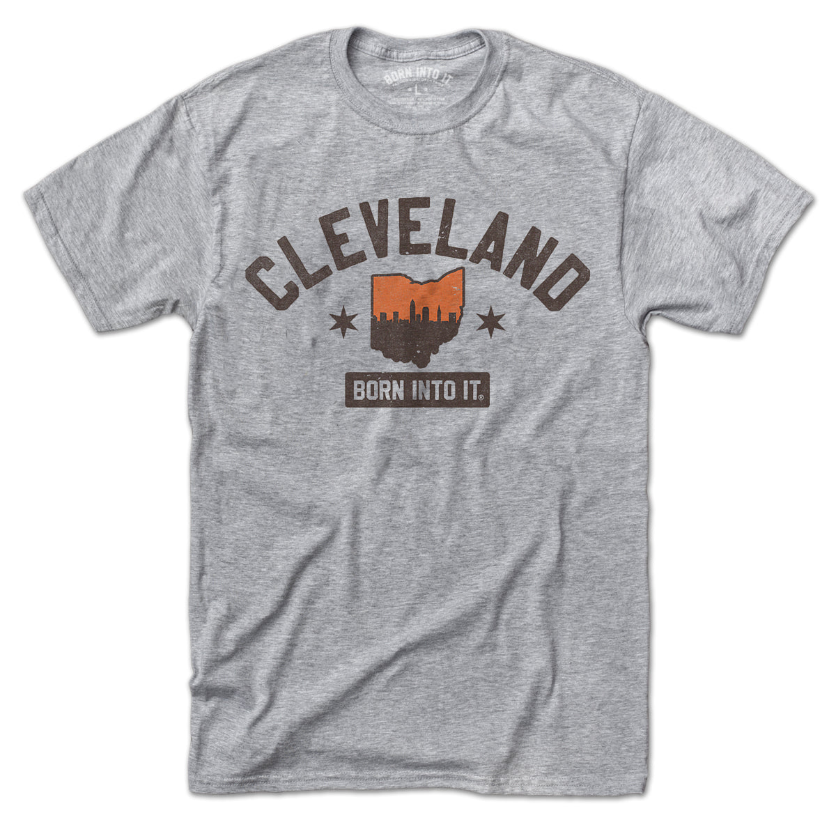 Born Into It Cleveland Orange Sky Keystone Arch T-shirt featuring a colorful graphic design on a gray fabric background.