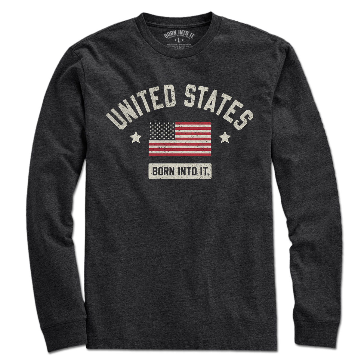 Born Into It United States Flag Keystone Arch T-shirt in blue with patriotic flag design, short sleeve and round neckline.