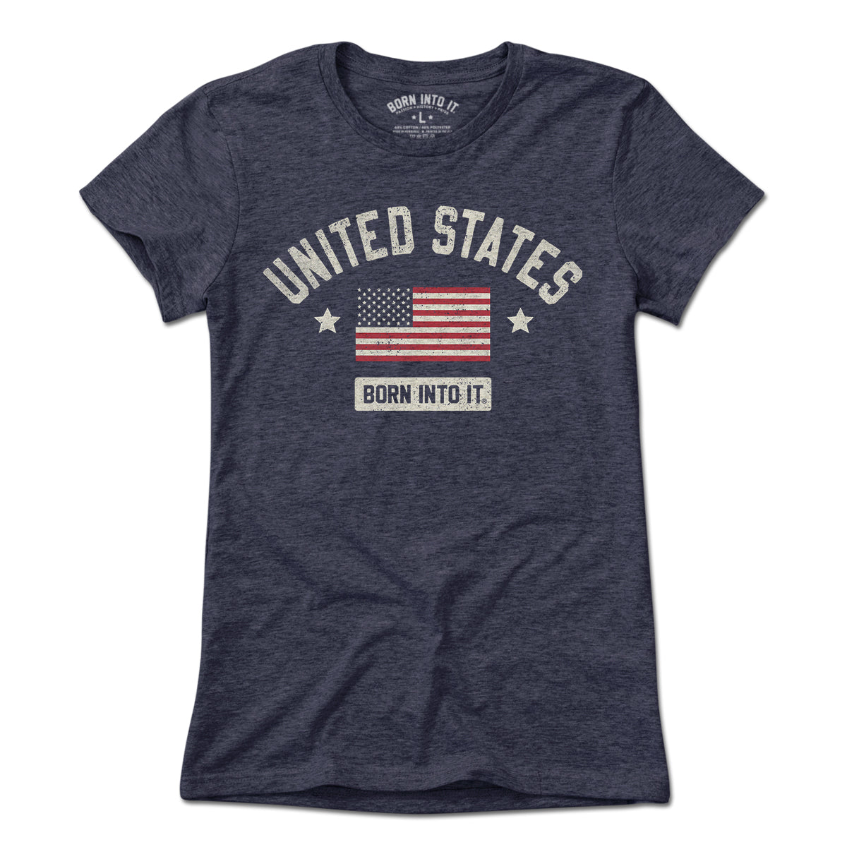 Born Into It United States Flag Keystone Arch T-shirt, light heather blue, front view showcasing patriotic flag design.