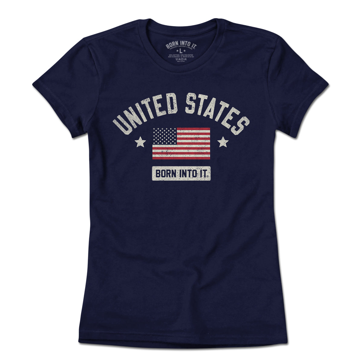 Light blue Born Into It United States Flag Keystone Arch T-shirt displayed flat, featuring patriotic flag design on soft cotton fabric.