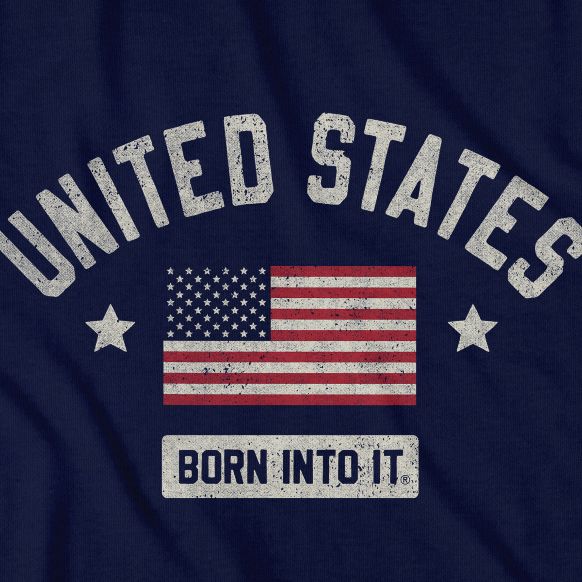 Born Into It United States Flag Keystone Arch T-shirt featuring a patriotic U.S. flag design on a casual tee.