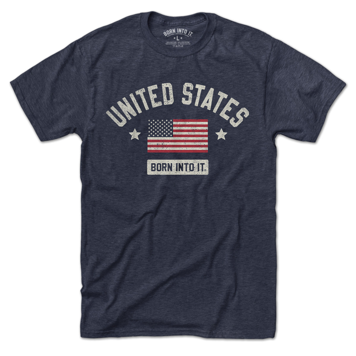 Born Into It United States Flag Keystone Arch T-shirt featuring patriotic design and American flag graphic on a comfortable T-shirt.