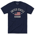 Born Into It United States Flag Keystone Arch T-shirt, front view showcasing patriotic design and vibrant colors.