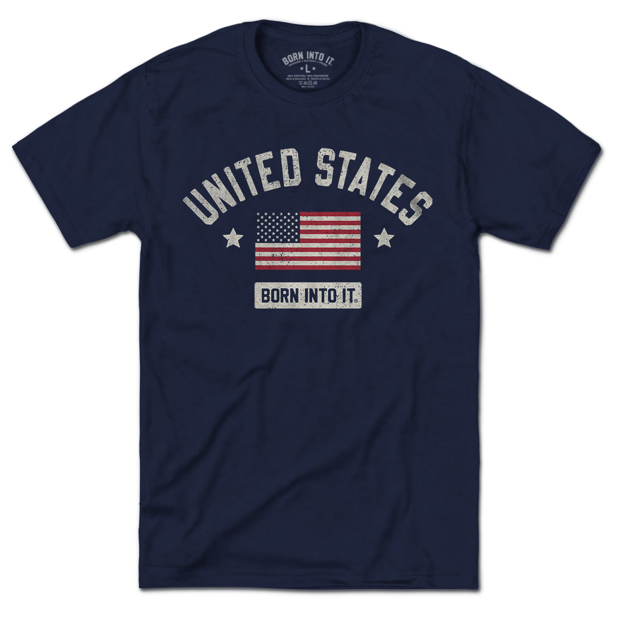 Born Into It United States Flag Keystone Arch T-shirt, front view showcasing patriotic design and vibrant colors.