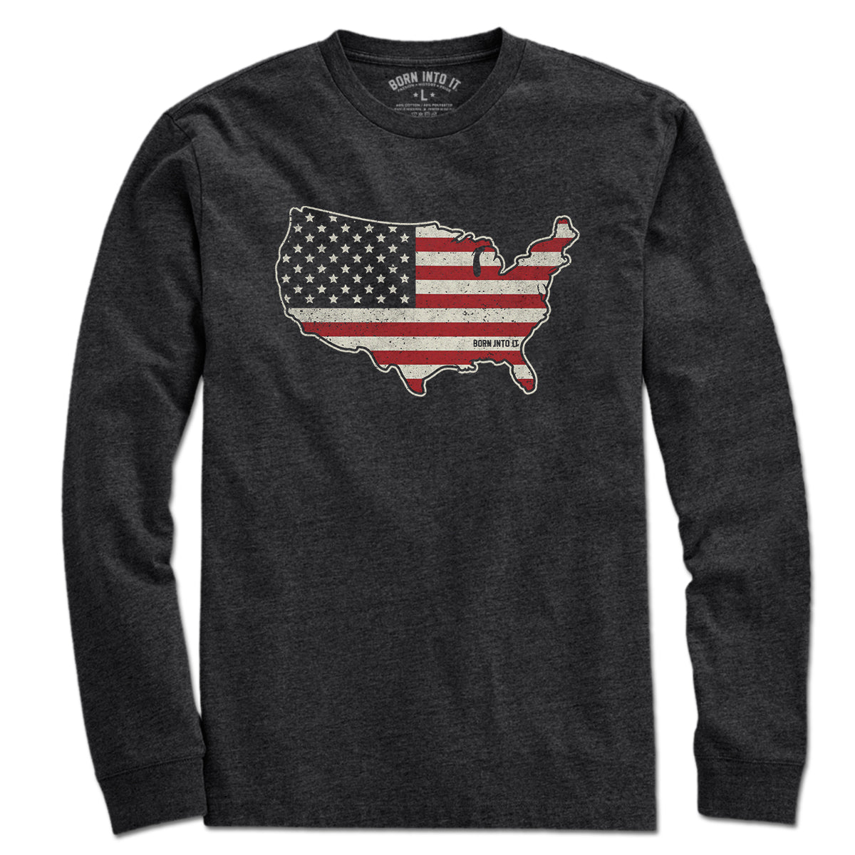 Born Into It USA Stars & Stripes T-shirt, long sleeve design with patriotic flag pattern on soft cotton fabric.