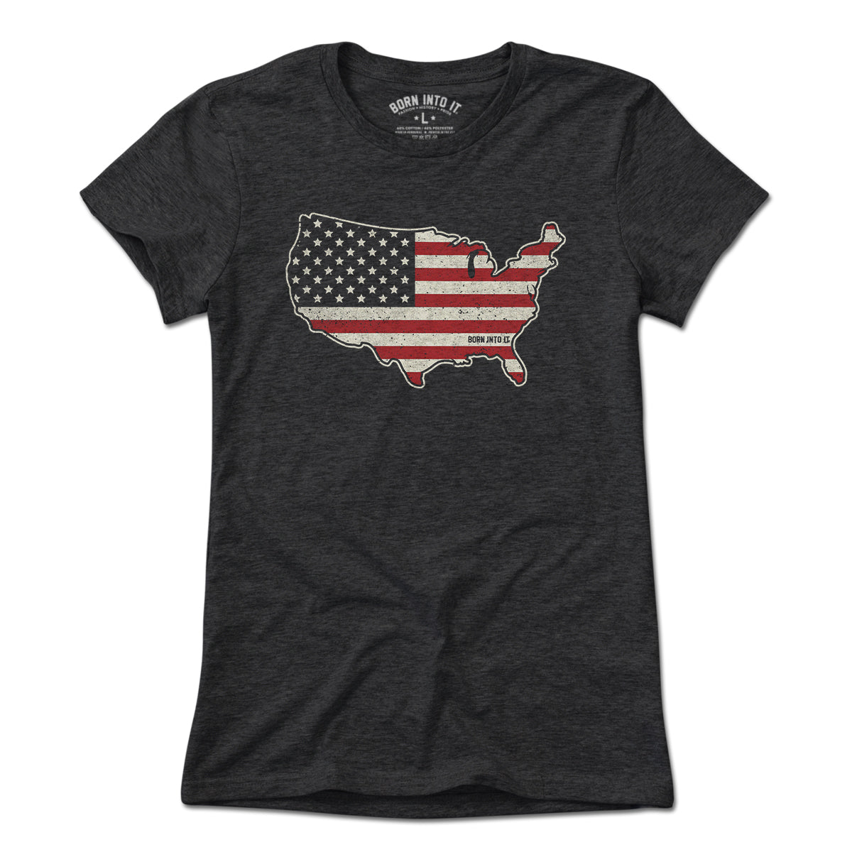 Born Into It USA Stars & Stripes T-shirt, light blue cotton tee with American flag design, front view, flat lay style.