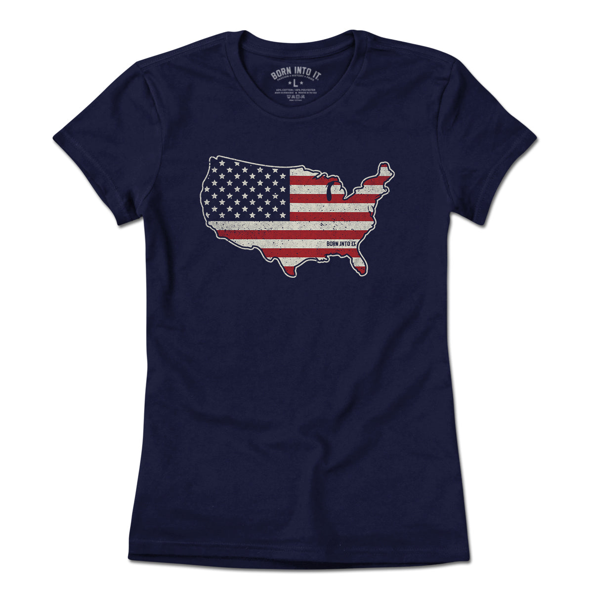 Born Into It USA Stars & Stripes T-shirt featuring a patriotic design with American flag motifs on a light fabric.