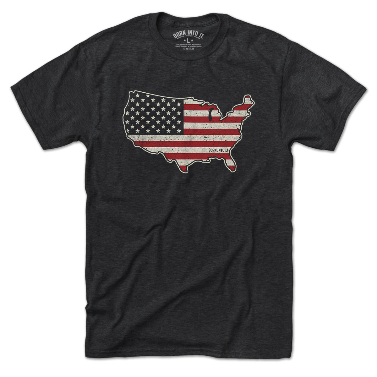 Born Into It USA Stars & Stripes T-shirt featuring a patriotic flag design on a casual cotton T-shirt.