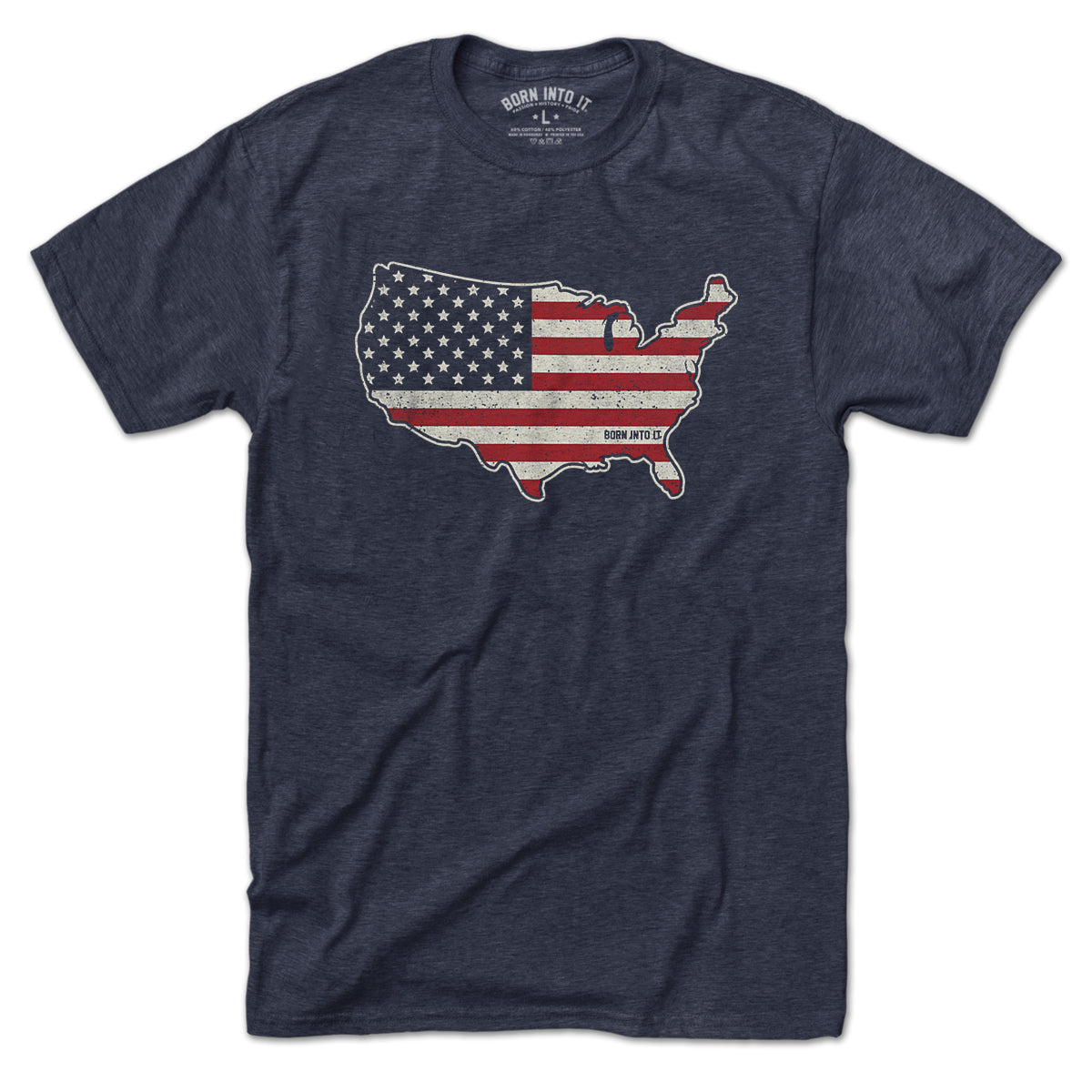 Born Into It USA Stars & Stripes T-shirt, casual short-sleeve shirt with patriotic American flag design on front.