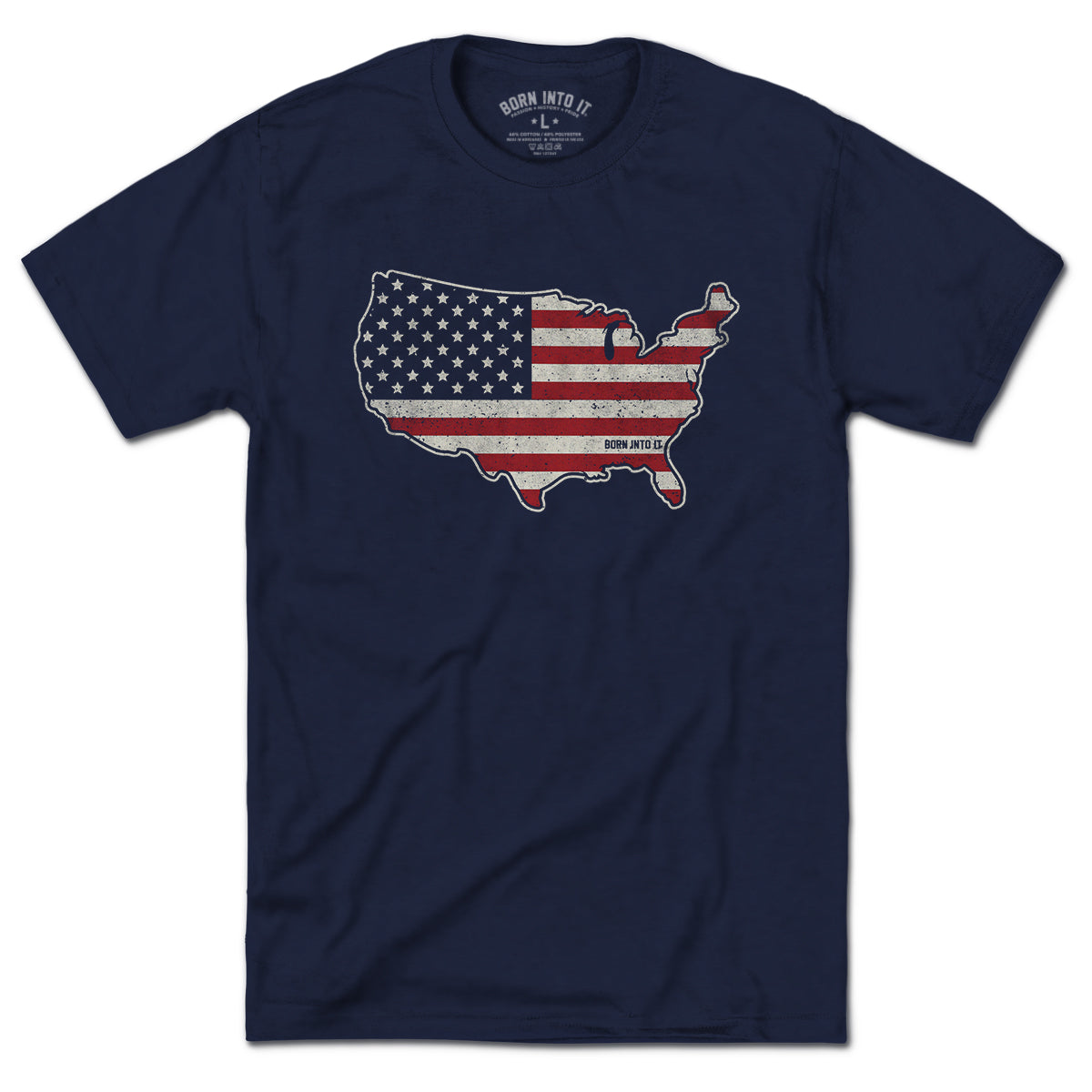 Born Into It USA Stars & Stripes T-shirt featuring a patriotic American flag design, casual fit, and bold star pattern.