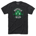 Born Into It Buffalo Irish shamrock day T-shirt featuring green shamrock graphic on white cotton fabric.
