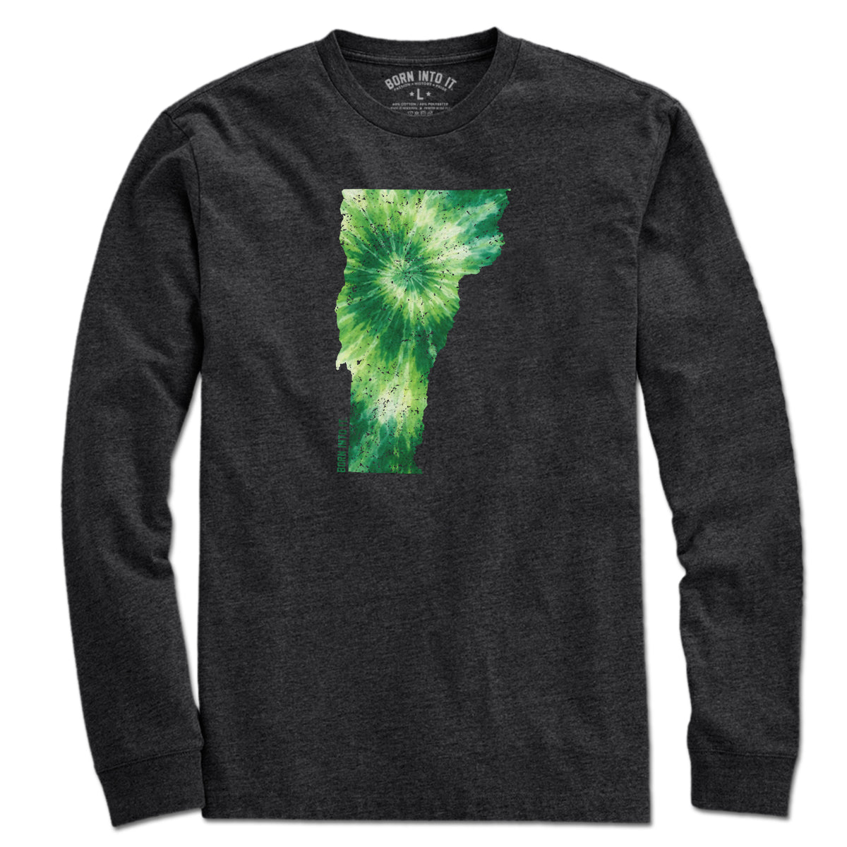 Born Into It Vermont State tie-dye T-shirt with colorful, swirling patterns on soft fabric, displayed flat.